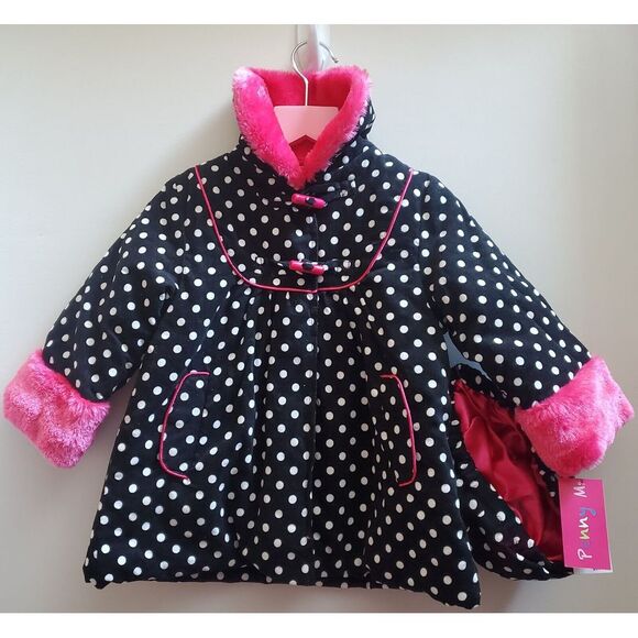 Penny M Coat & Hat Black/White Polka Dot w/Hot Pink Faux Fur 2T Girl's $55 NEW - Picture 1 of 12